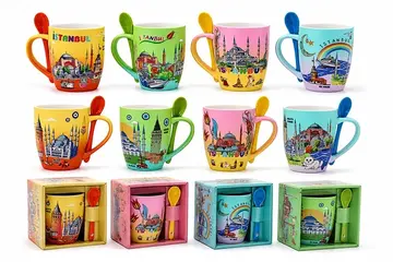 İstanbul Temalı Kaşıklı Porselen Kupa Bardak