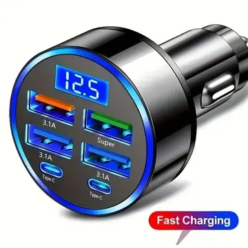 6 Portlu Hızlı Araç Şarj Cihazı – 4 Usb + 2 Type-c Çıkışlı Dijital Göstergeli Oto Şarjı