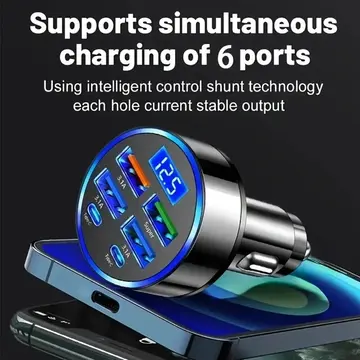 6 Portlu Hızlı Araç Şarj Cihazı – 4 Usb + 2 Type-c Çıkışlı Dijital Göstergeli Oto Şarjı